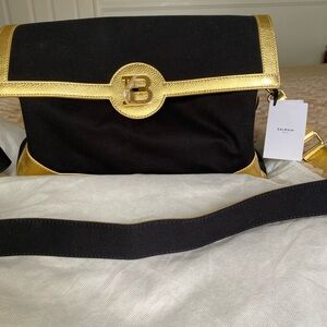 Balmain Black canvas/ gold leather shoulder/ crossbody bag.NWT